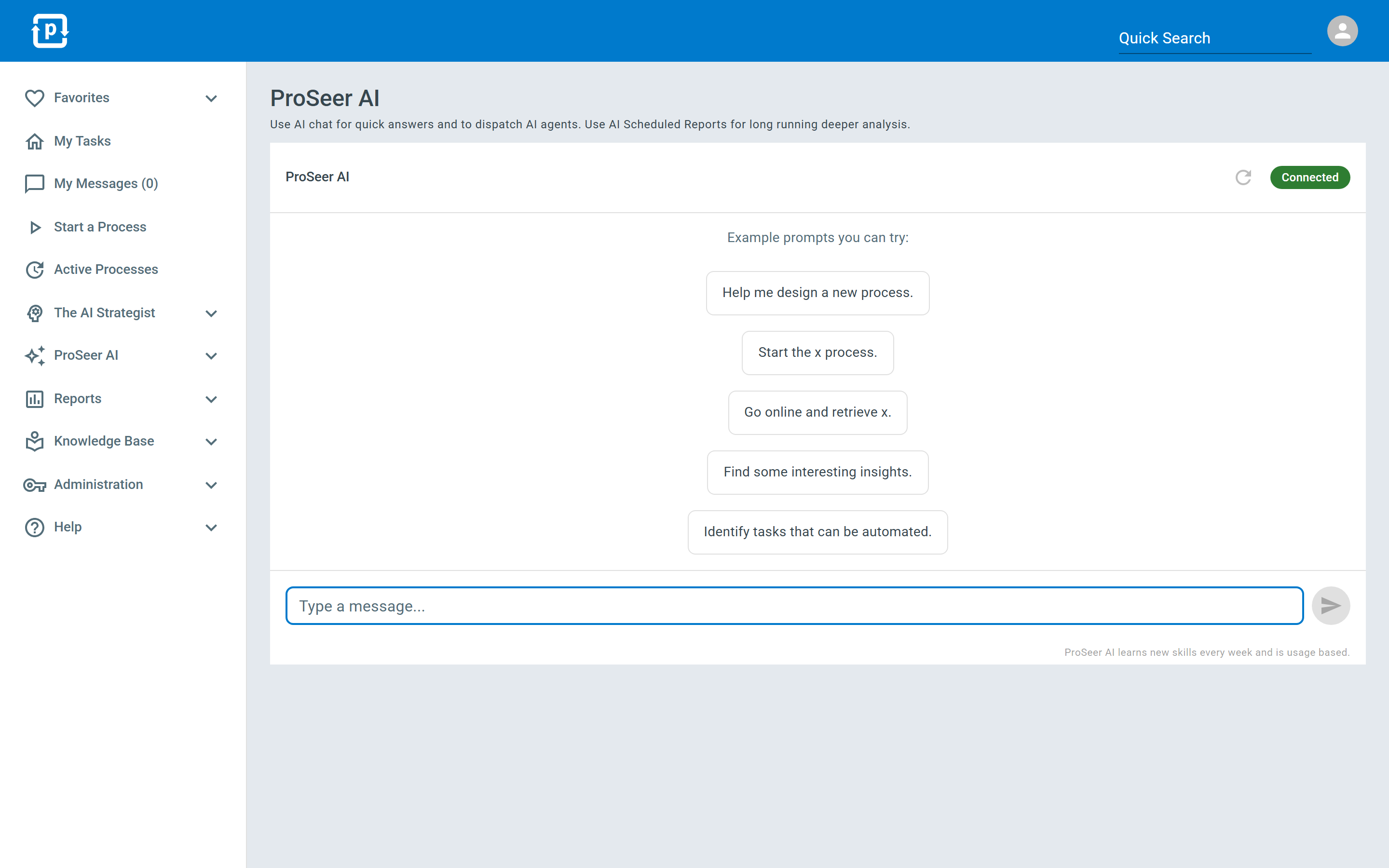 The AI Strategy Session, showing example prompts you can start from, such as "Help me design a new process" and "Find some interesting insights."