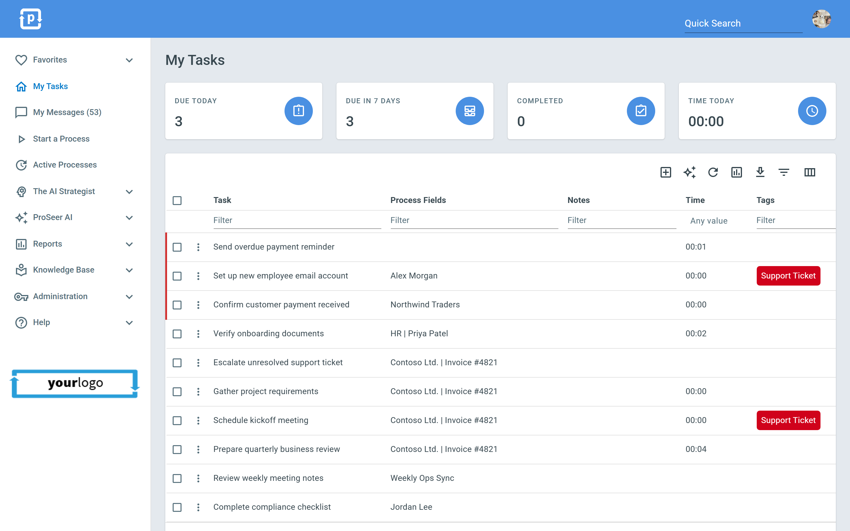 The My Tasks screen: summary tiles for tasks due today, due this week, completed, and time tracked, above a filterable table of your assigned tasks.